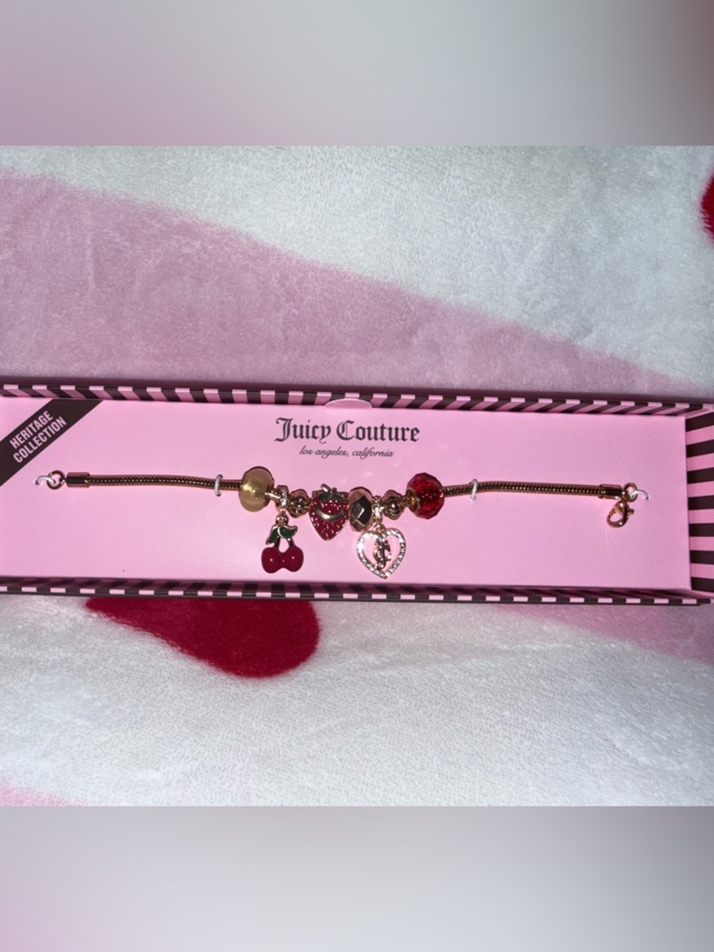 NWT Juicy Couture Gold Heritage Collection Gold Bracelet with Red & Pink Charms